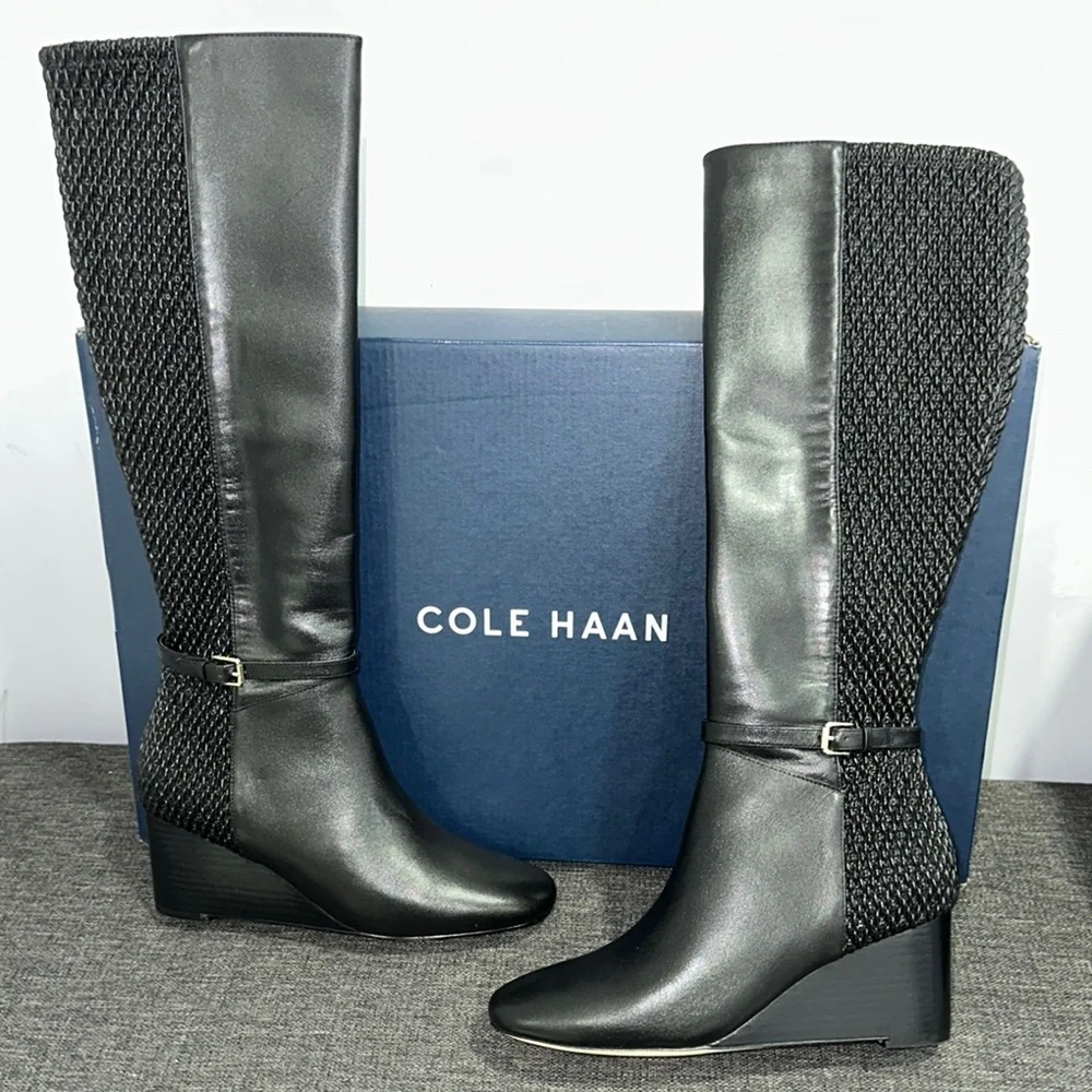 Size 5 B Women Shoes Cole Haan Lauralyn Stretch Wedge Boot Mid Calf Black W15655 - Picture 2 of 5